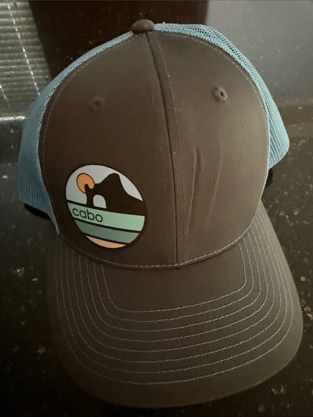 Cabo Logo Trucker Hat in Brown and Light Blue